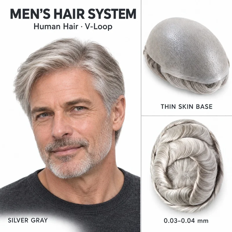 Silver Gray V-Loop Human Hair Toupee for Men 0.03-0.04mm Ultrathin PU Skin Base Natural Looking Hairline Crown Hairpiece