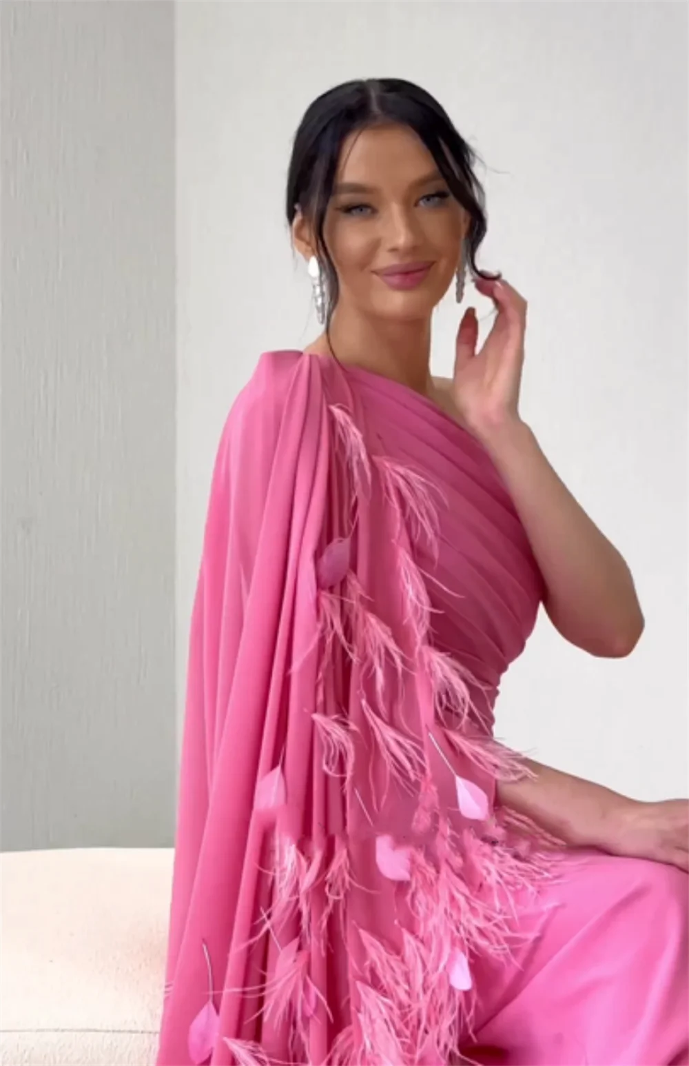 Sansa Luxury Feather Sleeve Prom Dress Sexy One Shoulder Mermaid Vestidos De Noche Sweet Pink Customized فساتين سهره فاخره