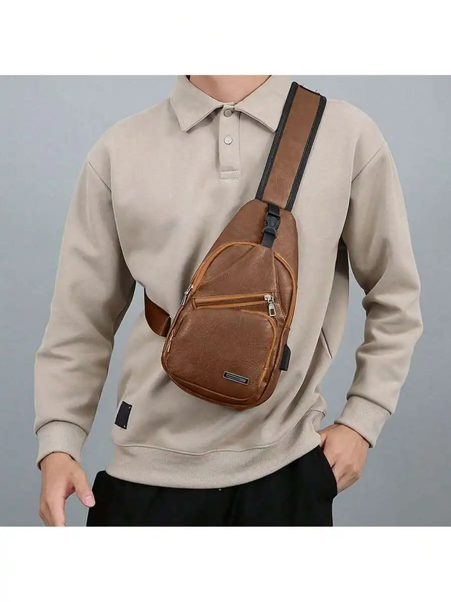 Mens PU Leather Sling Bag With USB Port Lightweight Crossbody Chest Bag For Travel Gym Outdoor view 2