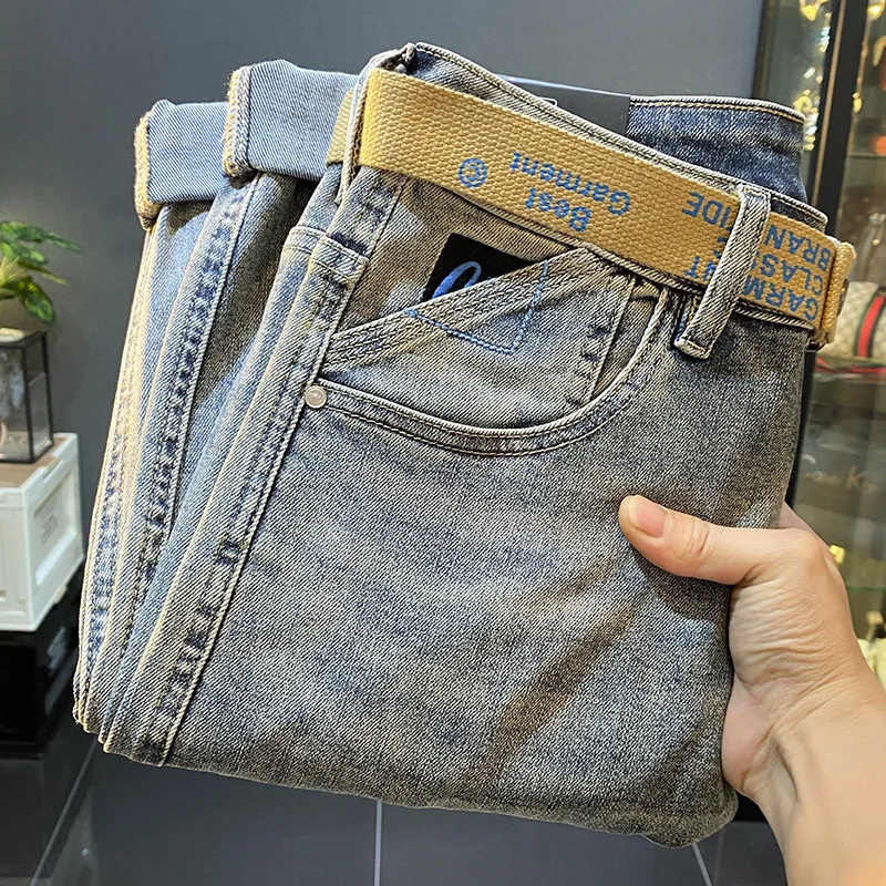 Pantalones vaqueros retro azul claro para hombre, jeans largos rectos pequeños, ajustados, informales, micro cónicos, primavera 2024