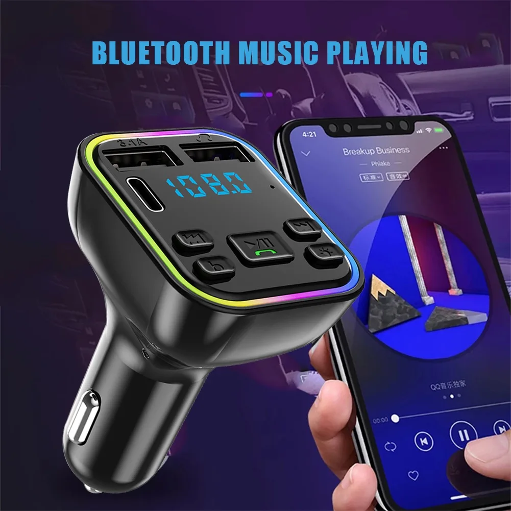 Colorful Car Bluetooth MP3 Hands-free Player Car FM Transmitter TYPE-C Bluetooth Dual USB Car Charger