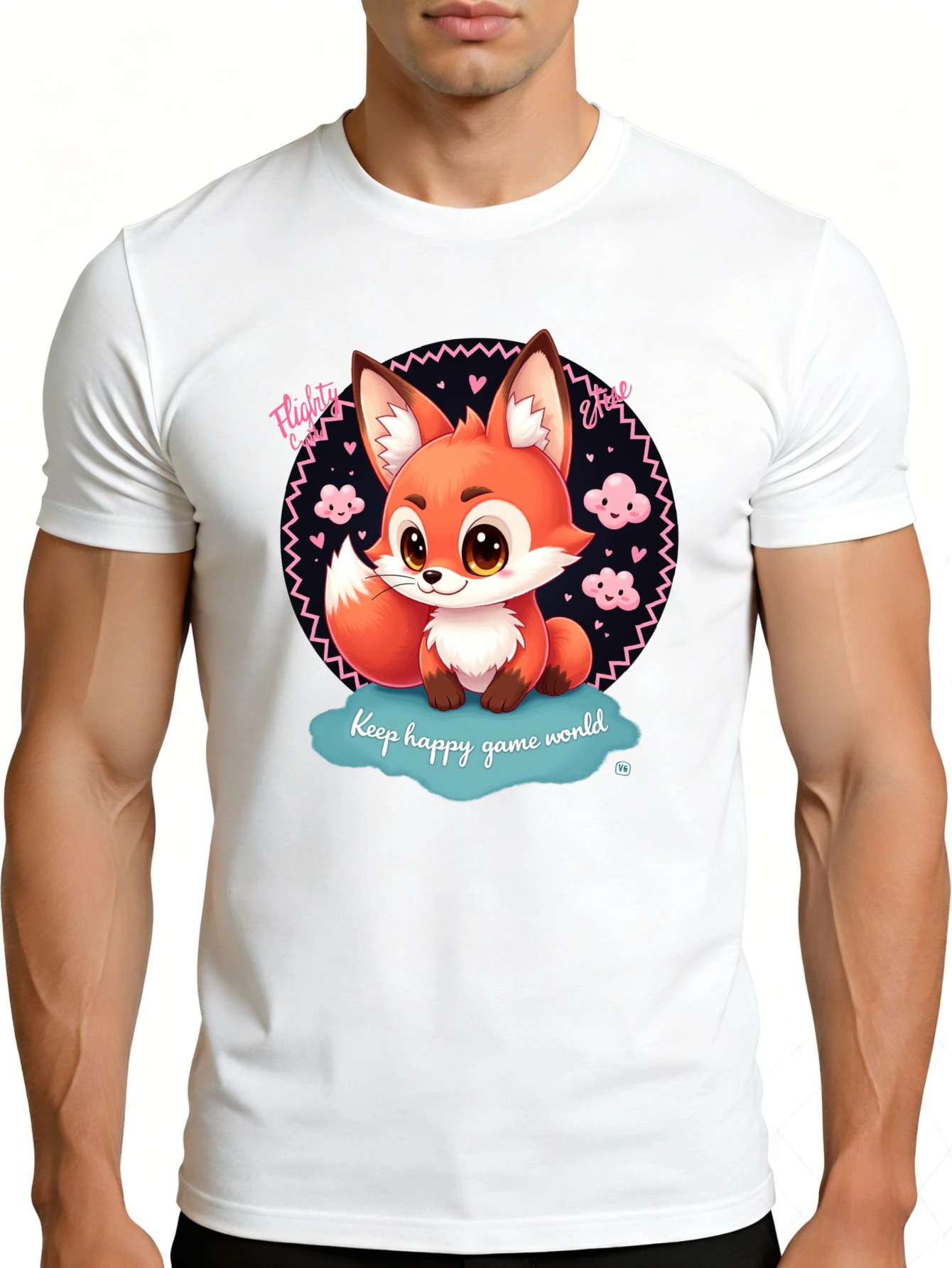 Men's Graphic T-Shirt - Breathable, Soft, Lightweight - Cute Fox, Heart, and Cloud Pattern - Vintage Fun Graphic Casual Short Sleeve Summer Top, Gift for Him