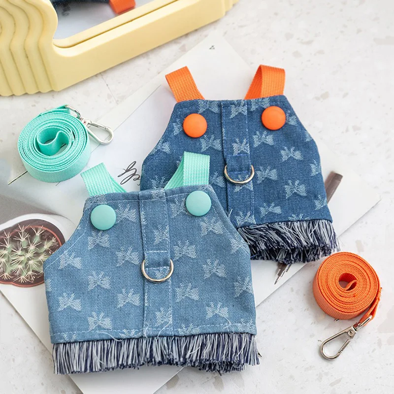 

Teddy Denim Vest Full Print Bow Tie Pullover Summer Thin Poodle Leash Clothes Small Dog Pet With Leash Clothes