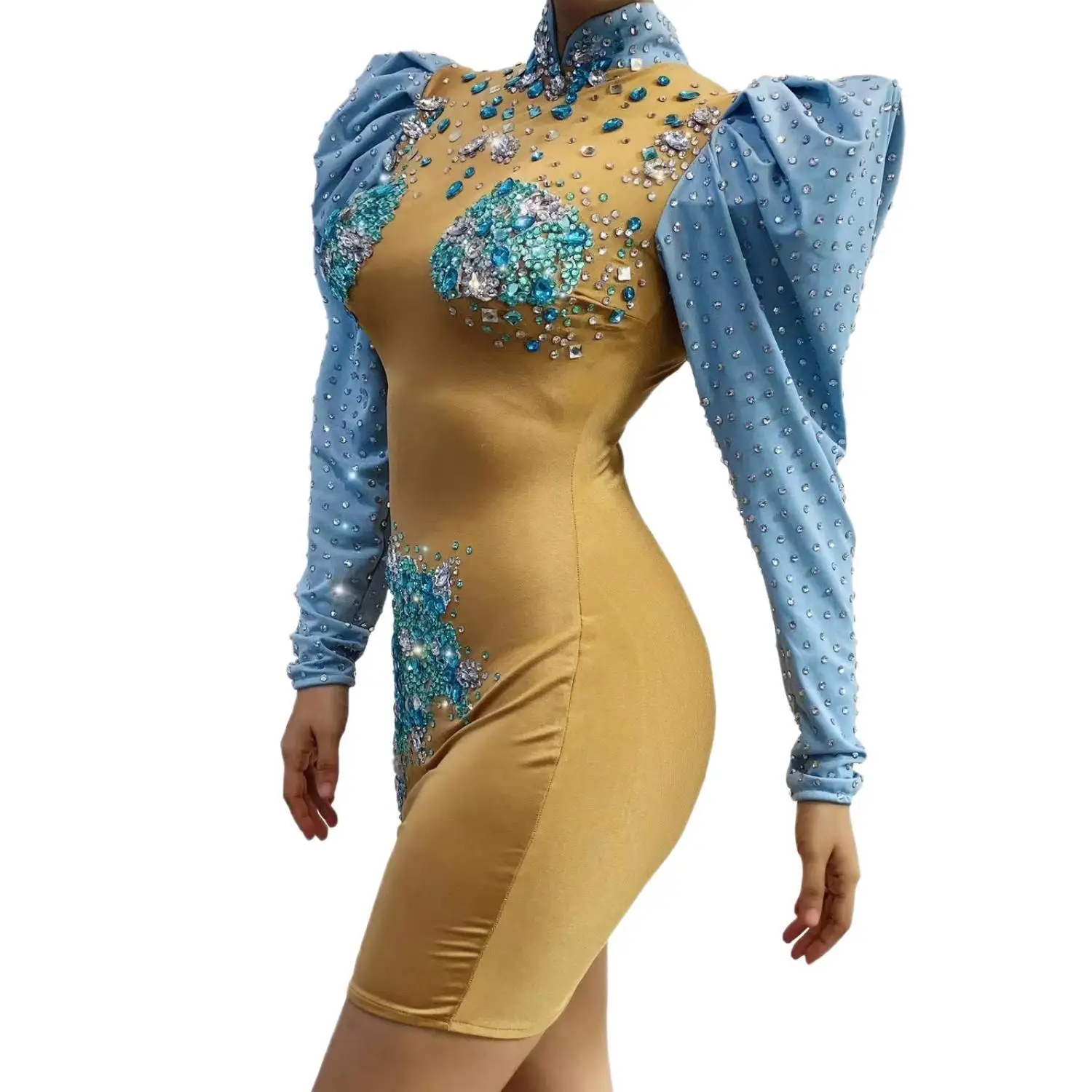 Songgaoqun Womens Luxury Nude Blue Rhinestone Puff Sleeve High Neck Bodycon Mini Dress Evening Party Stage Performance Outfit