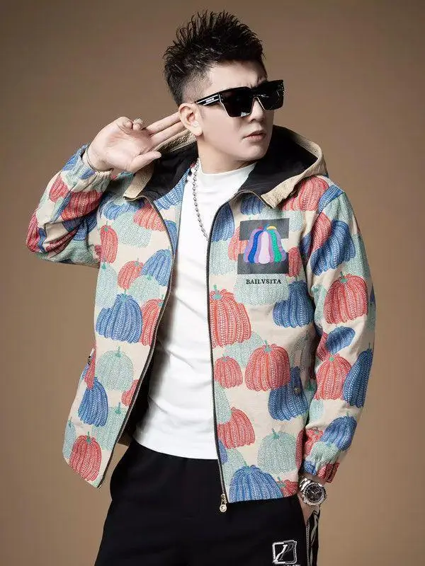 Warm Fleece Lined Autumn Winter Hooded Jacket Men's Casual Loose Fit Embroidery Design Pumpkin Patterned Jacket for Men