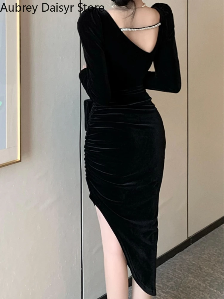 French Elegant Black Velvet Midi Dress Women Sexy Chic Irregular Designer Dress Winter Casual Long Sleeve Evening Party Dress