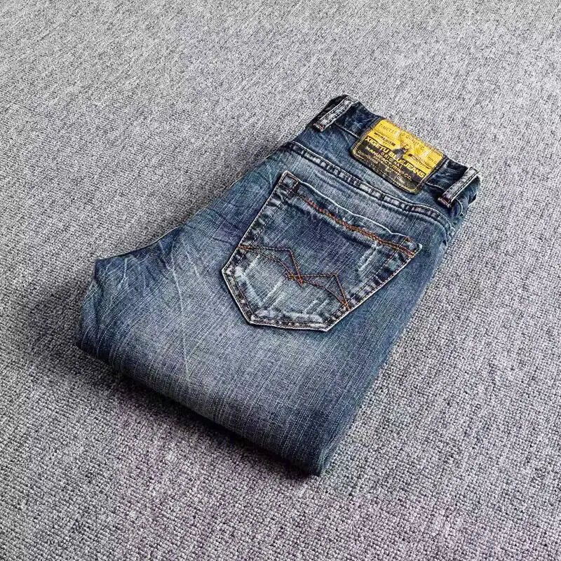 Street Fashion Men Jeans Retro Blue High Quality Stretch Straight Slim Fit Ripped Jeans Men Vintage Designer Denim Pants Hombre