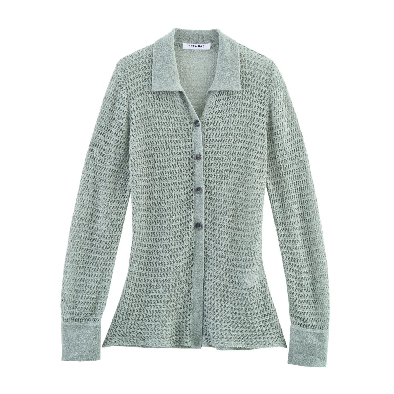 

New European And American Women's Fashion Versatile Hollow Out Long Sleeved Polo Shirt Collar Knitted Sweater Cardigan Jacket