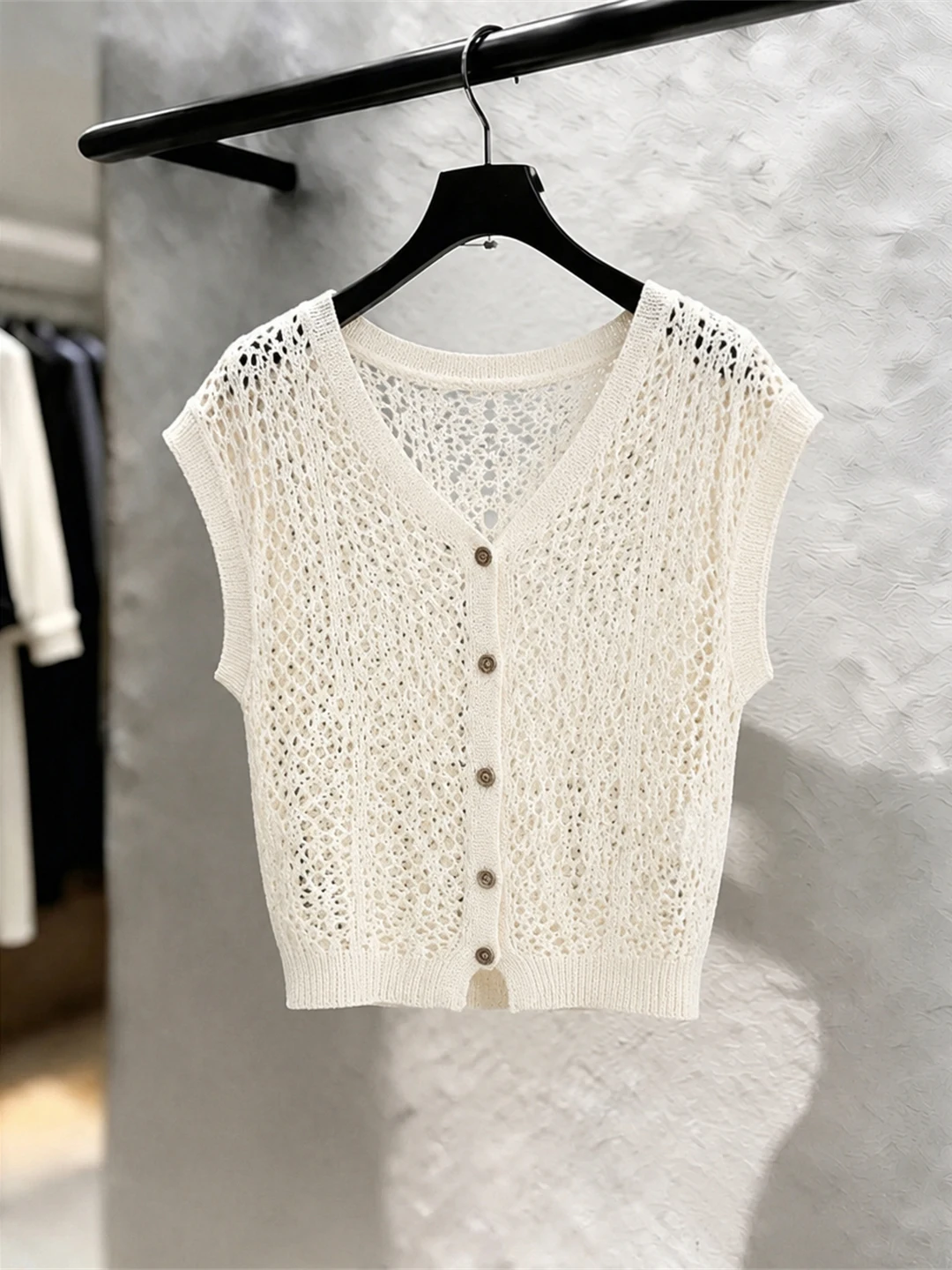 

Elegant V-Neck Knitted Top Hollow out Design Sun Protection Breathable Fashionable Commute Style Women's Summer Shirt