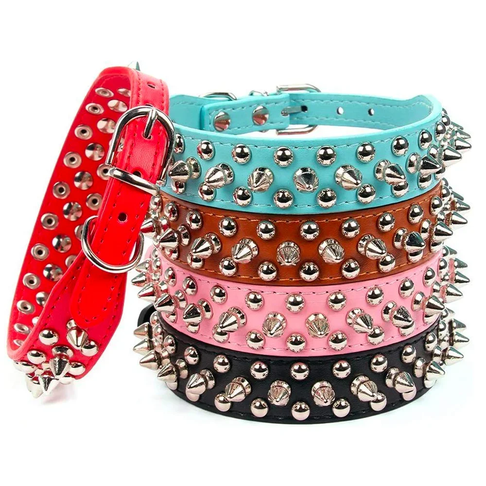 Adjustable Leather Pet Dog collar Neck Strap Supplies PU Leather Punk  Spiked Dog Collar Pet Collars  Small Dog Cat