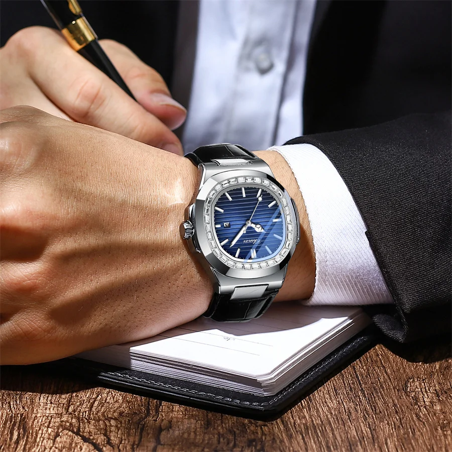 Chenxi 8222S เพชรผู้ชายนาฬิกาควอตซ์หรูหรานาฬิกาข้อมือหนังกันน้ําวันที่ชายนาฬิกานาฬิกาของขวัญ