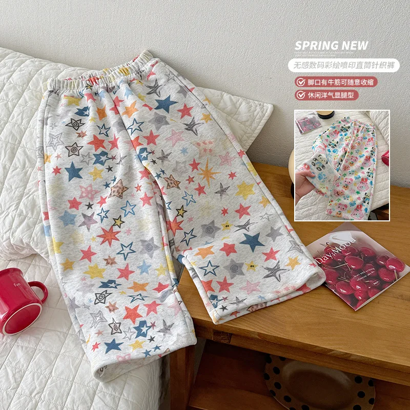 2026 New Girls Printed Sweatpants Straight Knitted Casual Pants Kids Children Sports Trousers for Daily Wear