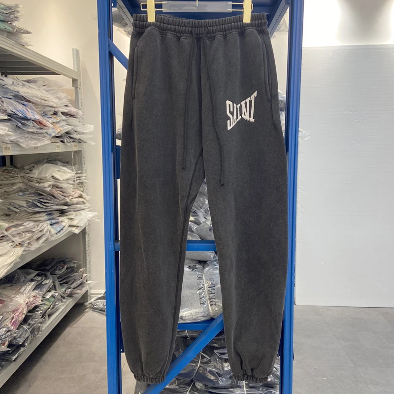 25SS جديد سانت السراويل الرجعية رسالة إعادة مطبوعة طباعة غسلها القديمة فضفاض الصوف Sweatpants الرباط مرونة الخصر بنطلون #5