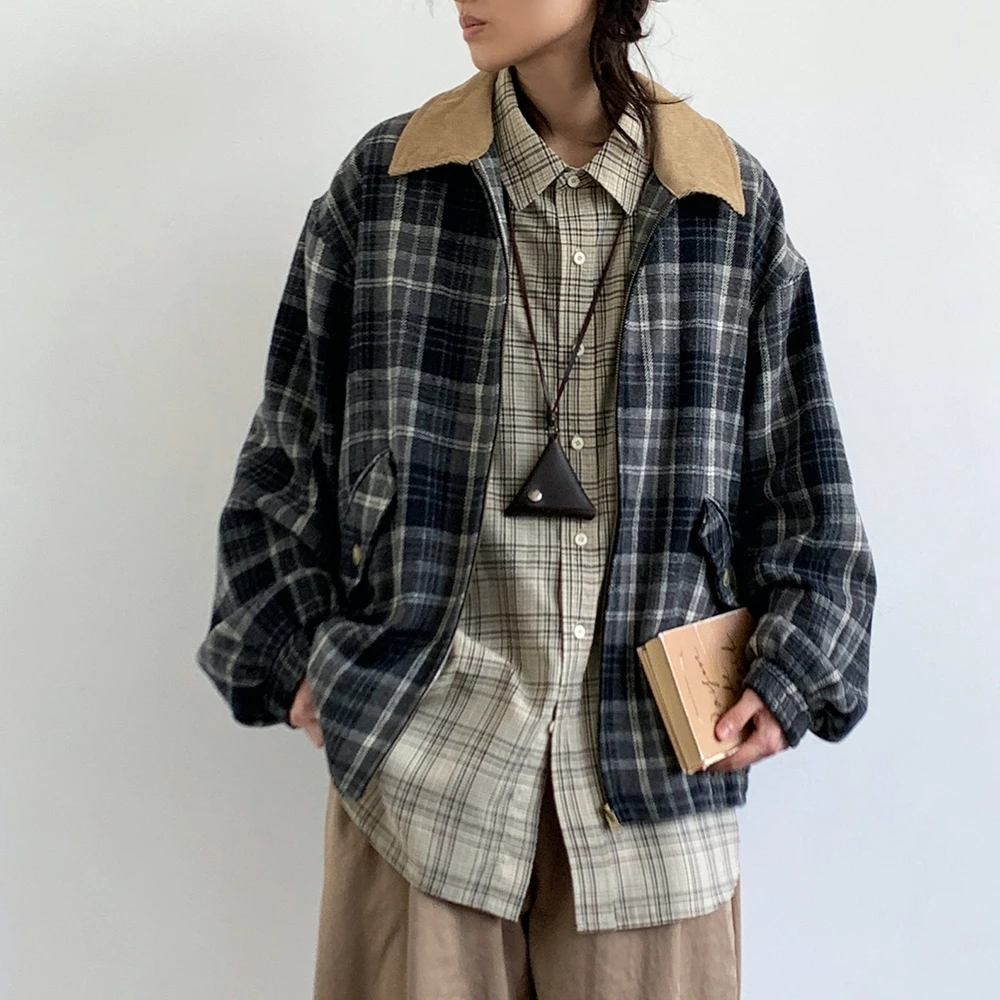 ‌Japanese Workwear Jacket Men Women Checkered Vintage Streetwear Loose Fit Spring Autumn Harajuku Trendy Patchwork Lapel Coat