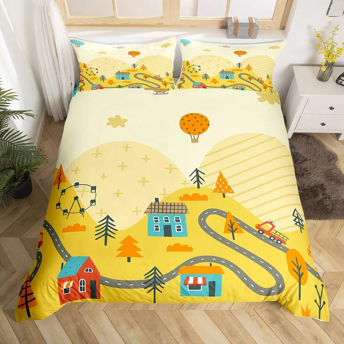 

Rustic Suburb Duvet Cover Countryside House Tree Hand Graffiti Bedding Set Nature Scenery Comforter Cover Blue River Quilt Cover