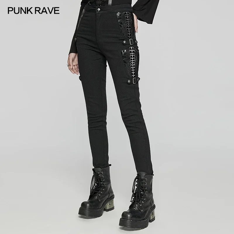 PUNK RAVE Women's Punk Twill Woven Leggings Skeletons of Patent Leather on Both Sides Handsome Personalized Trousers Streetwear