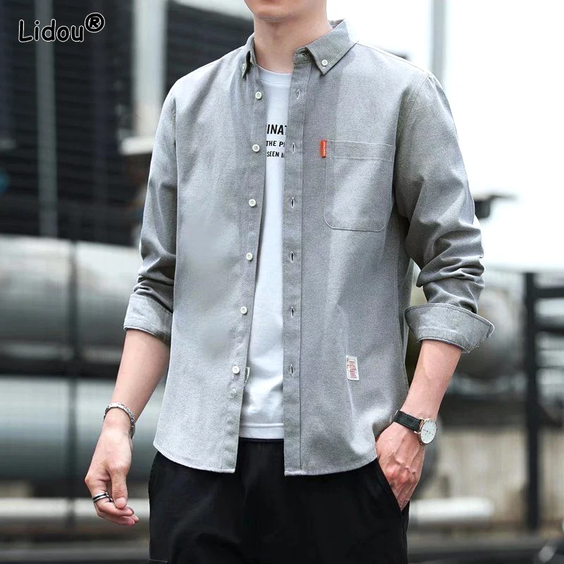 2023 New Spring and Autumn Minimalist Drape and No Iron Business Casual Lapel Slim Fit Solid Color Long Sleeved Men\'s Shirt