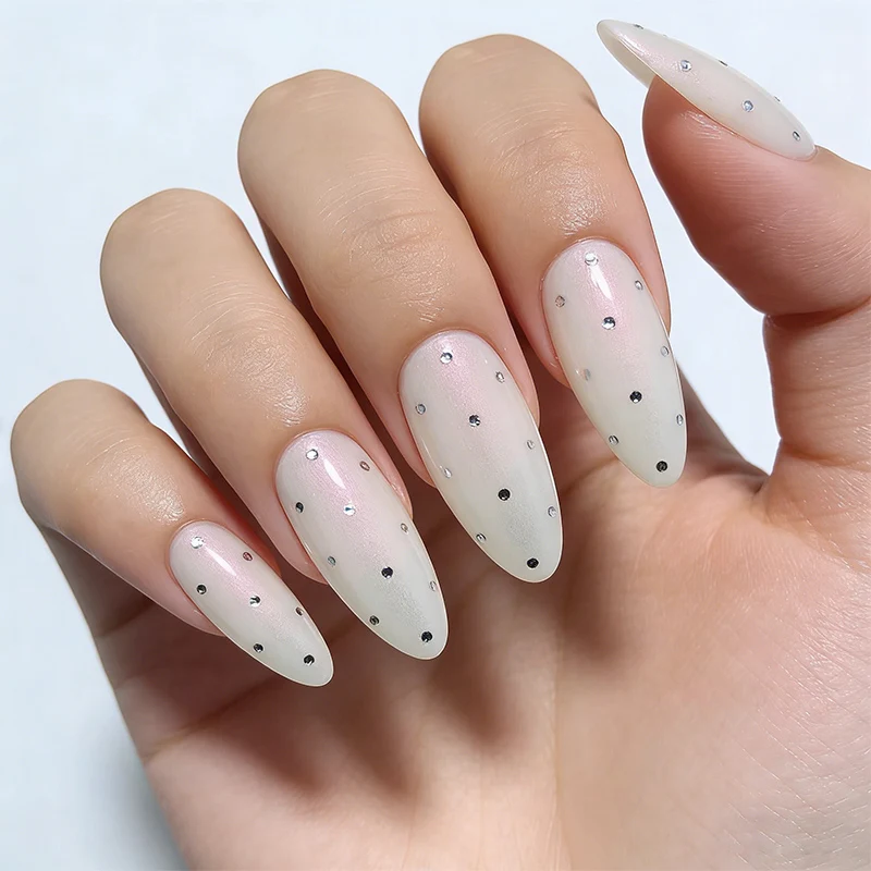 10Pcs Aurora Powder Press on Nails, White Base False Nails with Multicolor Polka Dots, Mirror Effect Holographic Fake Nails