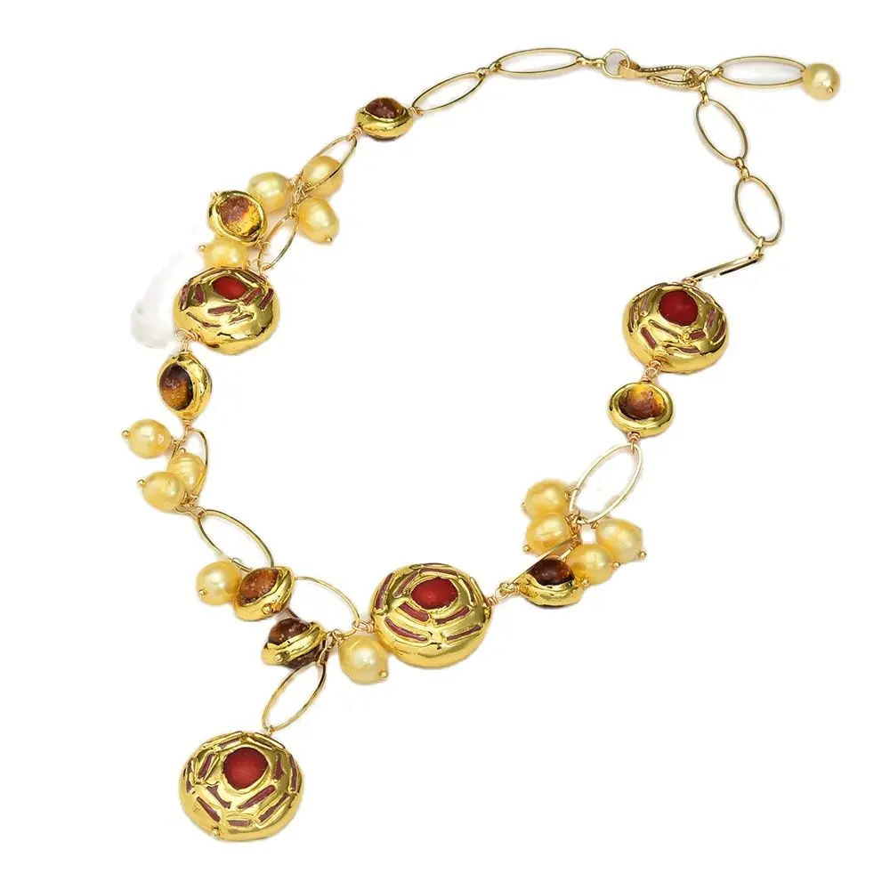 

GuaiGuai Jewelry Freshwater Cultured Yellow Rice Pearl Electroplated Edged Red Coral Beads Brown Murano Glass Chain Necklace 21"