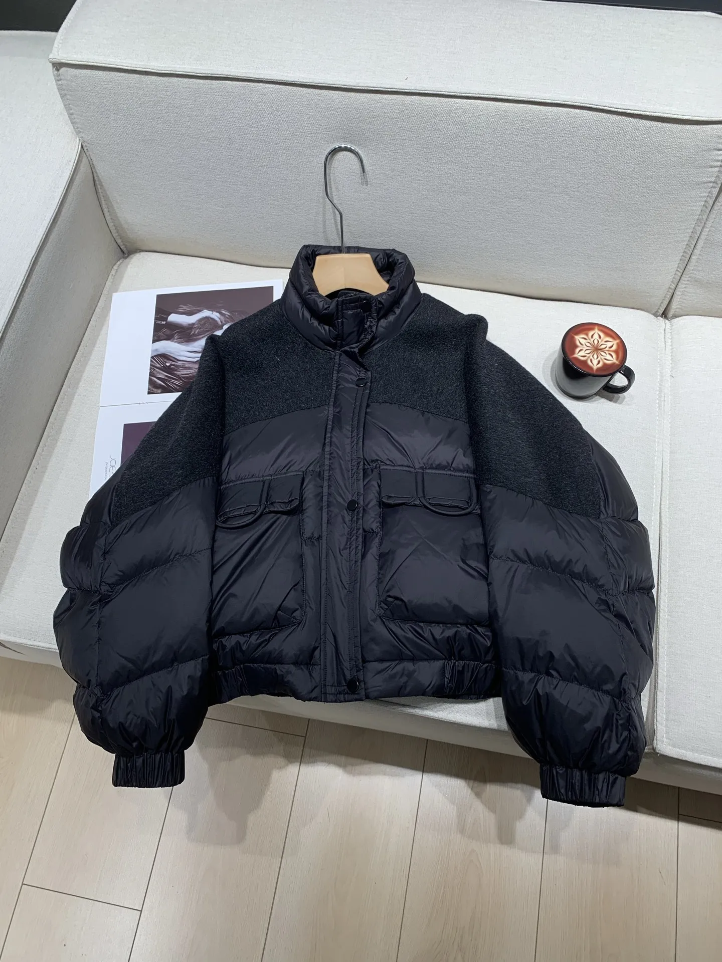 

Women Wool Patchwork Down Jacket Large Pockets Stand Collar Long Sleeve Fashion Ladies Coat