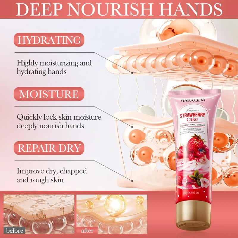 

BIOAOUA Strawberry Cake Nourishing Hand Cream Deep Chapping Remove Brightening Cream Care Products Hand Hydration Moisturiz Z9I1
