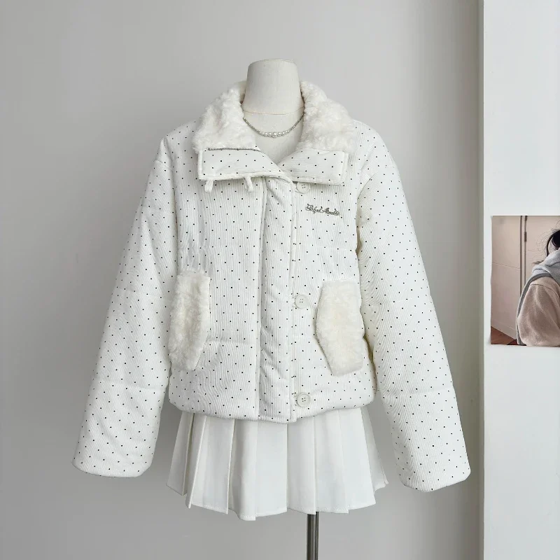 

Simple Polka-dot Parkas for Women in Winter Thickened Spliced Fleece Turn-down Collar Long Sleeve Casual College Basic Style Top