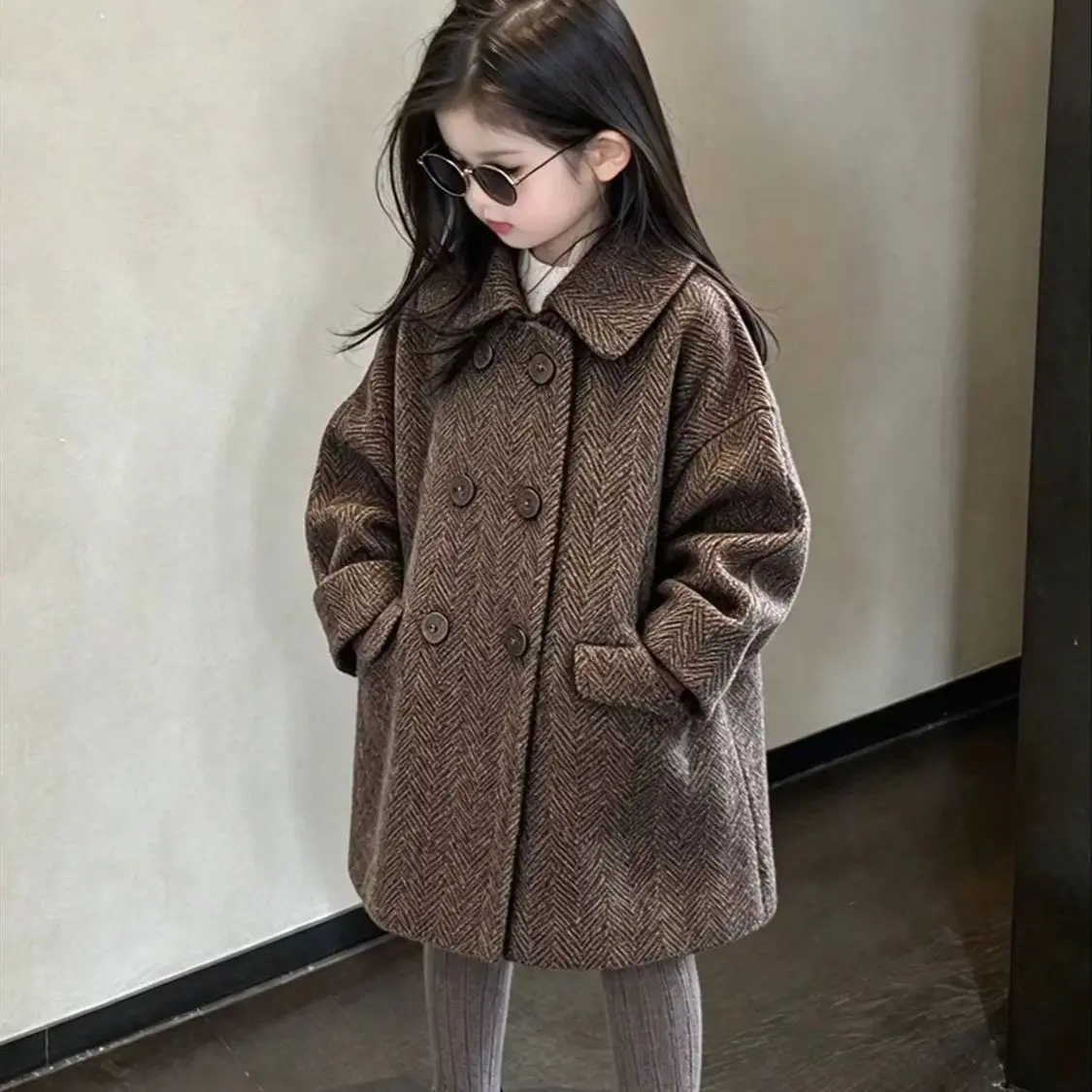 Girls Wool Coat Autumn Winter Kids Turn-down Collar Loose Trench Coat Children Outerwear
