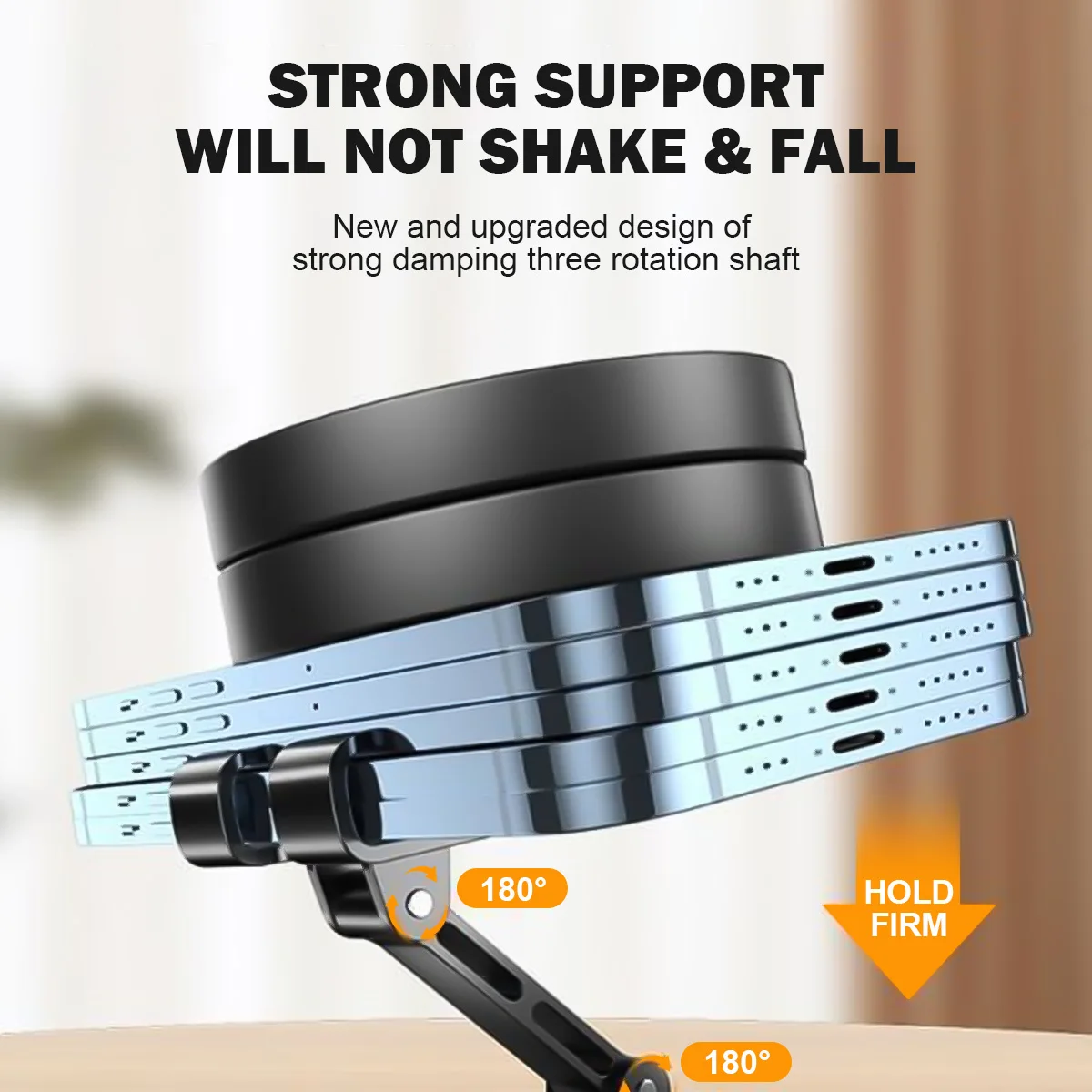ユニバーサル携帯電話ホルダー,360度回転,すべて金属,アルミニウム,折りたたみ式,ダブルシャフト設計,安定,落下防止