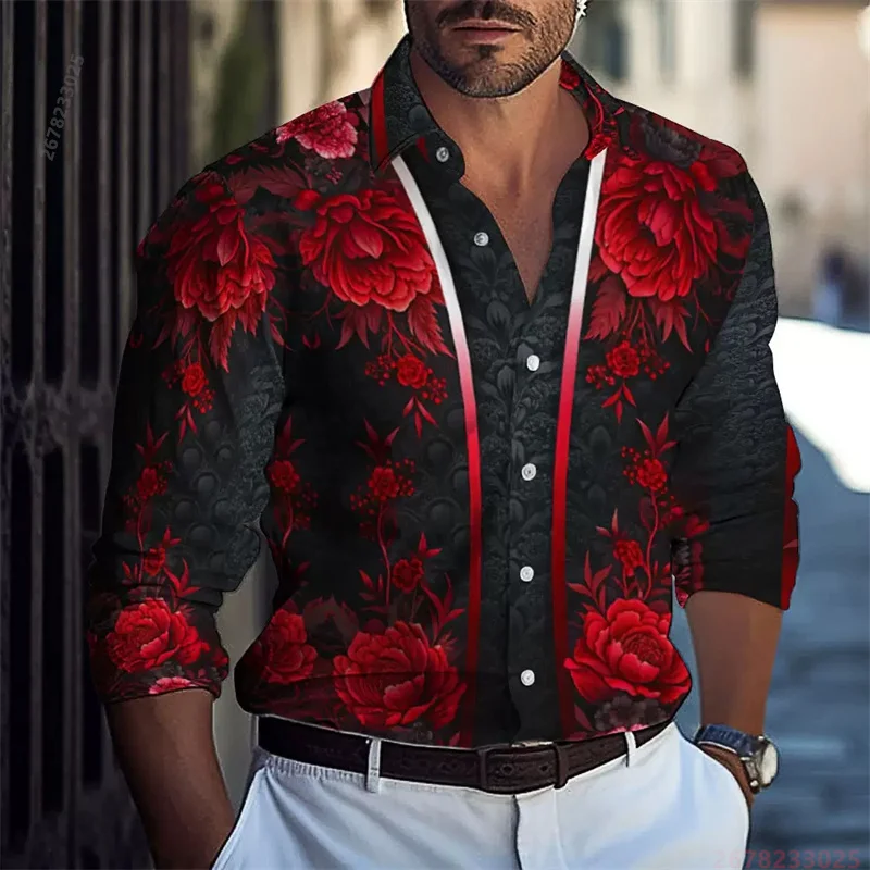 

2026 New Style Black Long-Sleeved Shirt with Red Peony Print for Men, Retro Fashion Lapel Cardigan, Casual Dating Top, XS-6XL