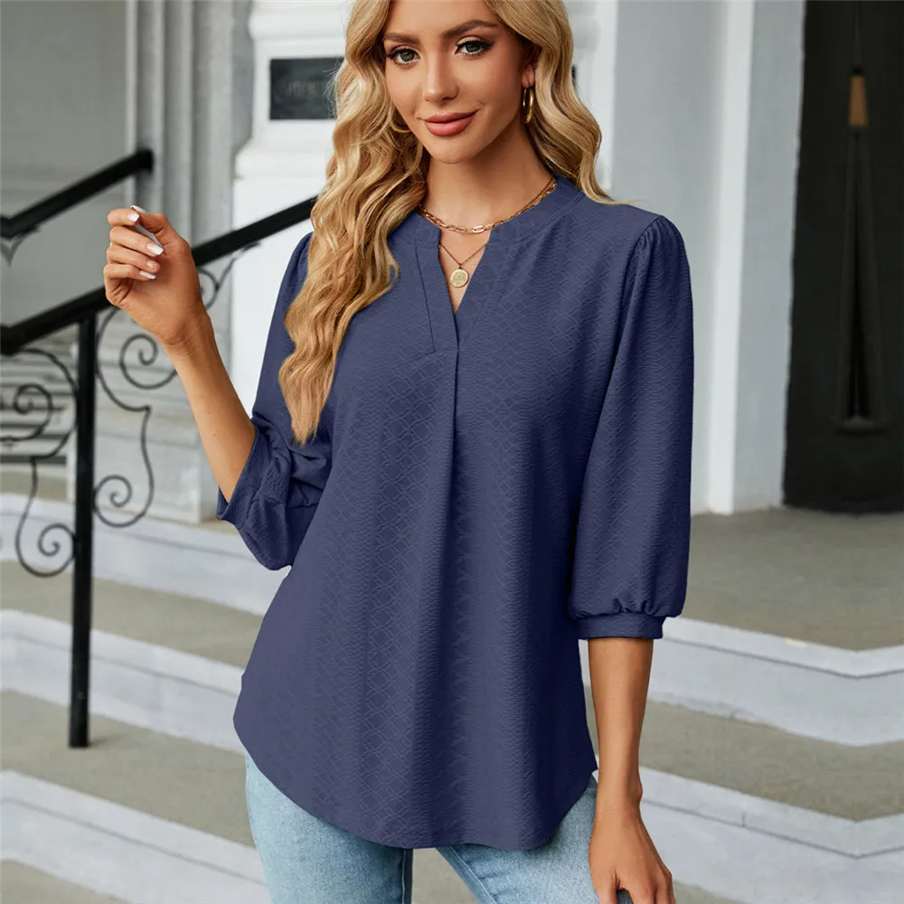 Woman Blouse Shirts for Women Top Half Sleeve V Neck Female Tops Navy Purple Green Black Fashion Women\'s Clothing