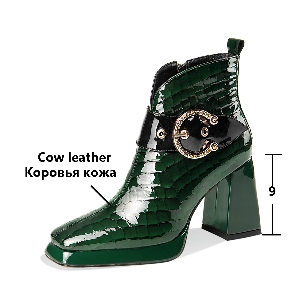 New  Women Spring Autumn Shoes Ladies Luxury Block Heels Winter Square Toes Designer Leather Ankle Boots High Heels Green