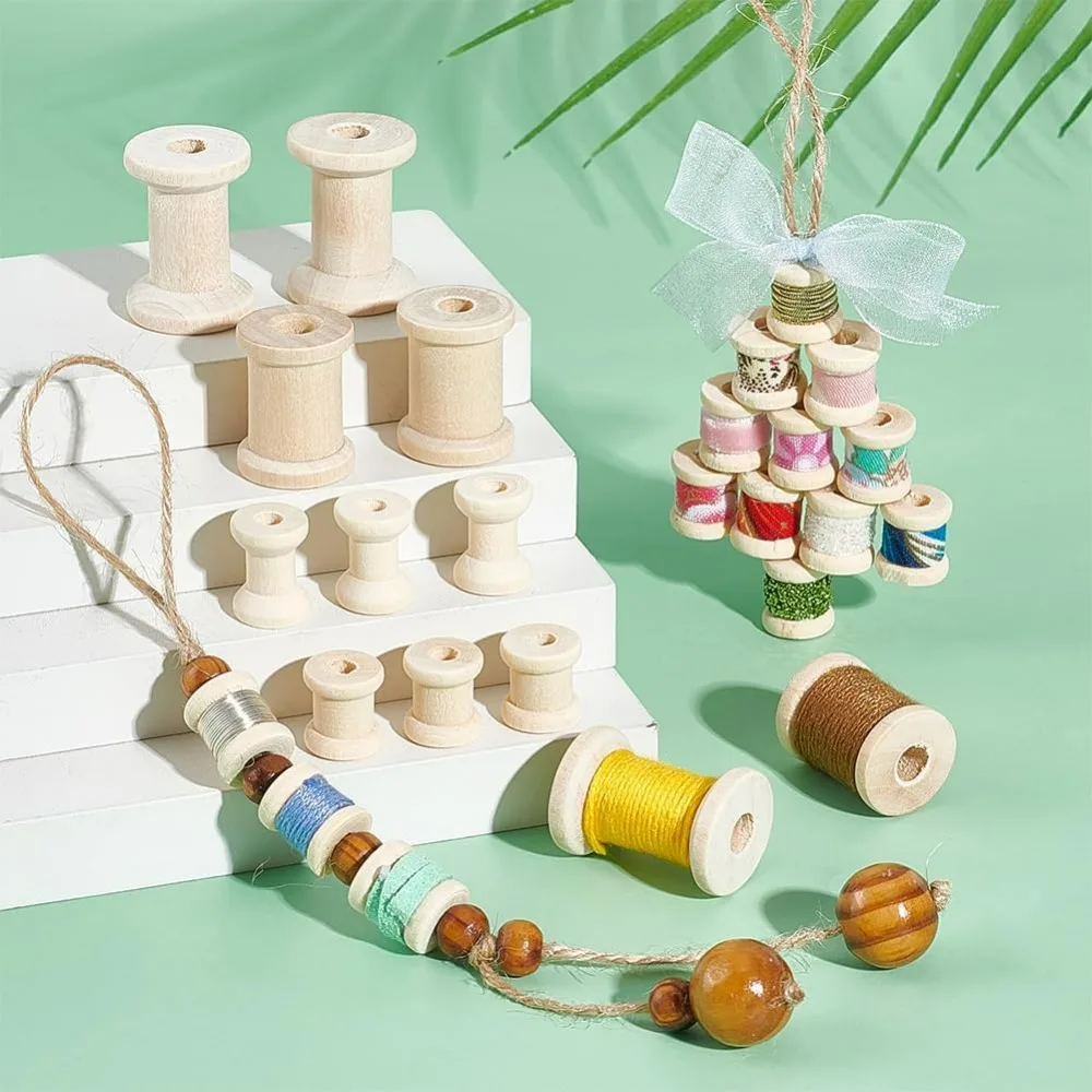 100pcs 4 Sizes Wooden Empty Spools Mini Wire Weaving Bobbins 2 Colors Wood Sewing Thread Spool for Embroidery