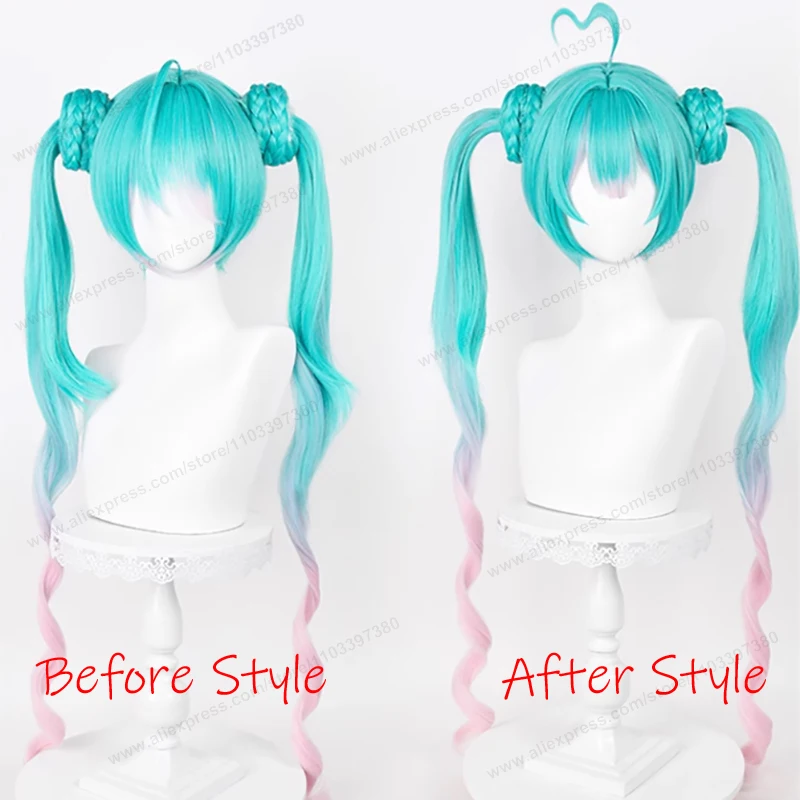 Anime Miku Mode Subcultuur 100Cm Lang Blauw Roze Gradiënt Vrouwen Haar Tweelingstaarten Vezel Hittebestendige Synthetische Pruiken