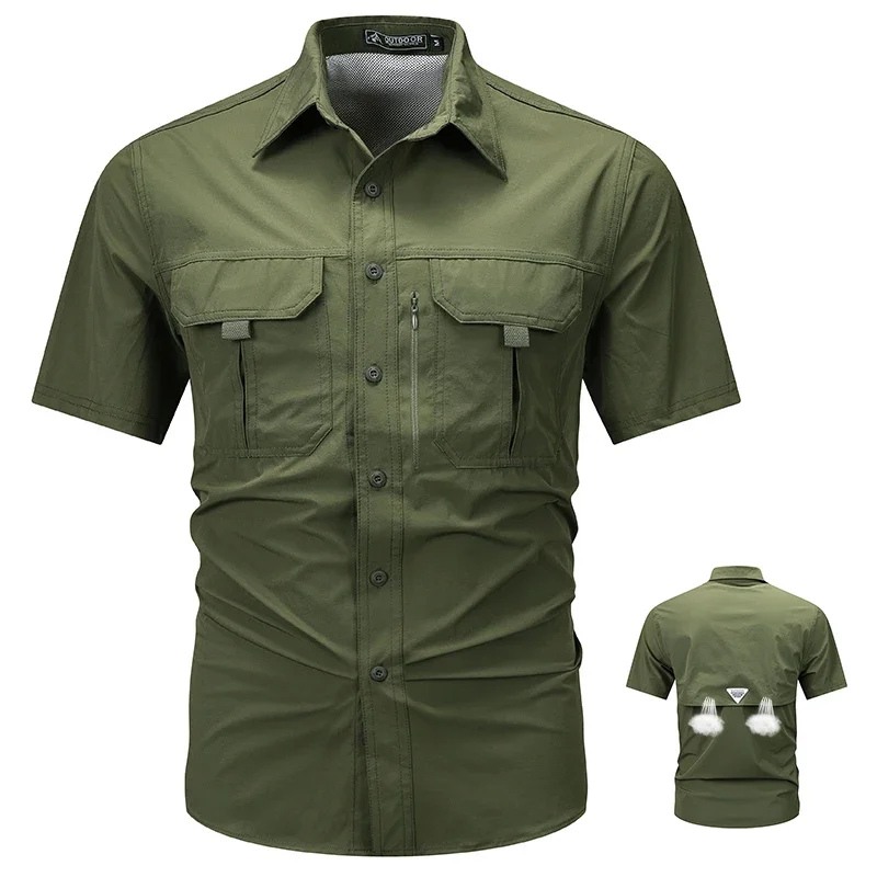 Summer Cargo Short Sleeve Shirt Men's Casual Waterproof Breathable Polo Shirt Outdoor Camp Hiking Safari Work Shirt Top Pocket