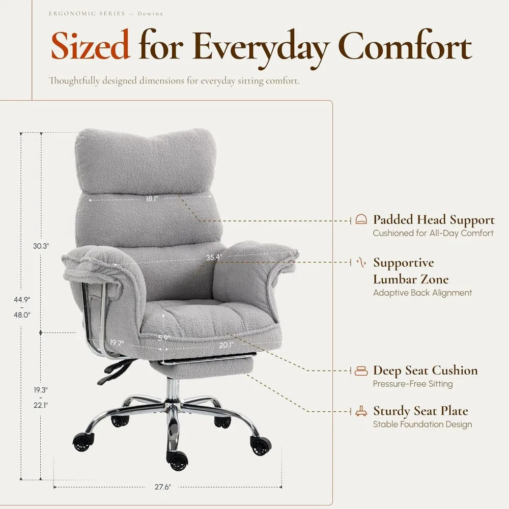 Dowinx Big and Tall Office Chair, Ergonomic Desk Chair with Thick Cushion, Wide Seat & Armrests Computer Gaming Chair,High Back Reclining Teddy Fleece Criss Cross Chair with Foot Rest, Gray