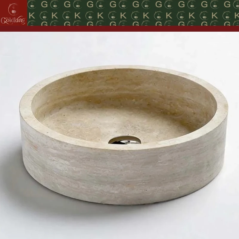 GOLDKING Luxury Hotel Natural Travertine Bathroom Vanity Sink Custom Beige Round Washbasin Unit For Modern Restroom Decor