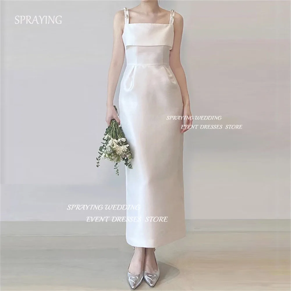 

SPRAYING Simple Wedding Dresses Korea Shoot Spaghetti Straps Silk Satin Ankle Length Formal Party Dress Bridal Gowns Custom Made