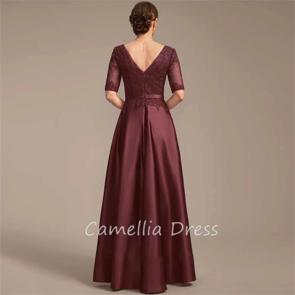 New V Neck Mother Of The Bride Dress A Line Floor-Length Satin Lace With Sequins Formal Dresses Vestidos Mae Da Noiva Casamentos