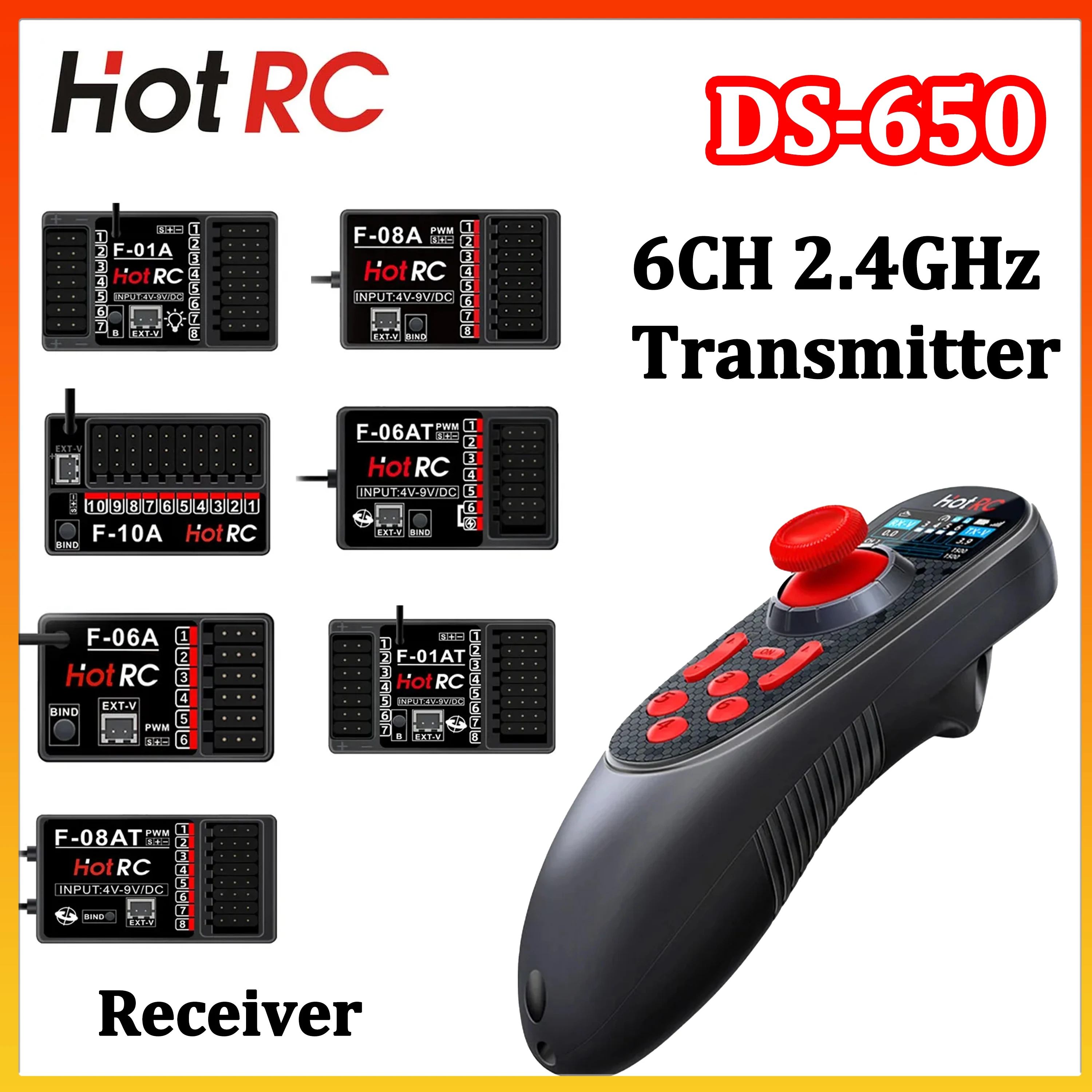 HOTRC DS-650 6-kanałowy system radiowy 2.4G z kolorowym ekranem, pilot zdalnego sterowania F-01A F-06AT F-08A, odbiornik z żyroskopem do łodzi RC — 2