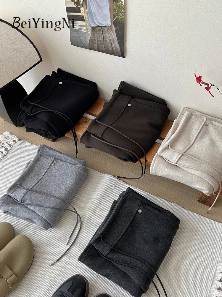 Beiyingni 2025 Korean Straight Midi Skirt Women Cashmere Drawstring Split Pack Hip A-line Long Skirts Ladies Solid Color Faldas