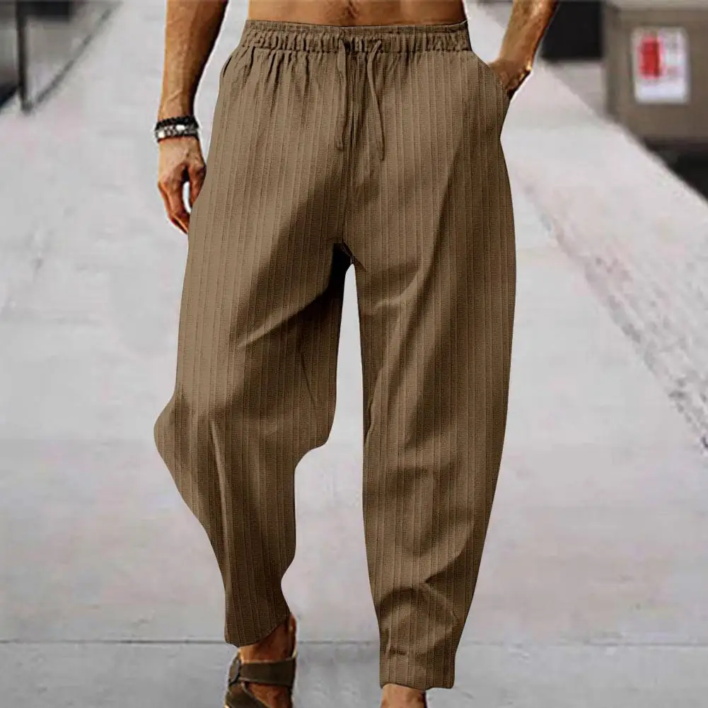 

Men Cotton Linen Harem Pants Drawstring Elastic Waist Wide Leg Striped Deep Crotch Solid Color Loose Soft Breathable Sweatpants