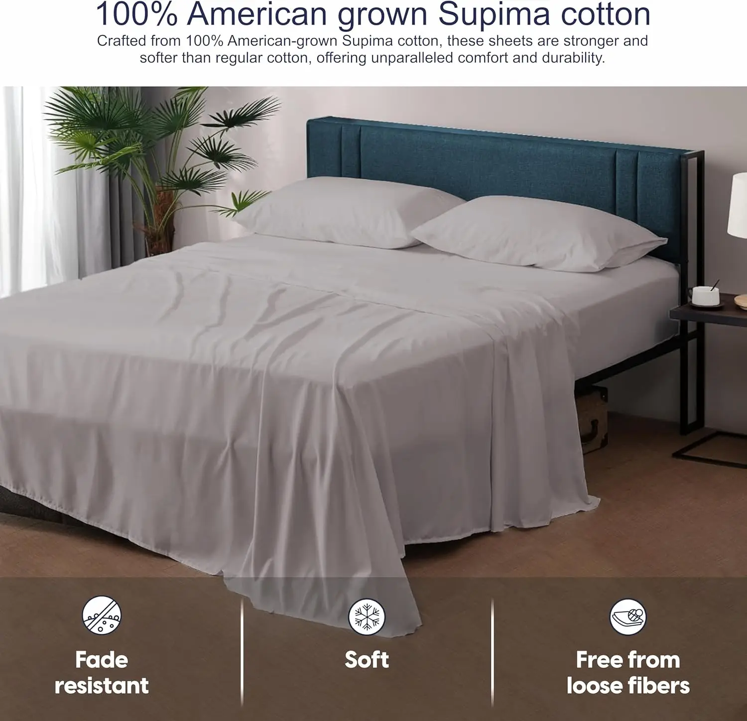 مجموعة ملاءات SGI Queen مكونة من 4 قطع باللون الرمادي الفاتح - 500 TC 100% قطن سوبيما، فائقة النعومة ومسامية، سرير بجيب عميق 15 بوصة بجودة الفندق #3