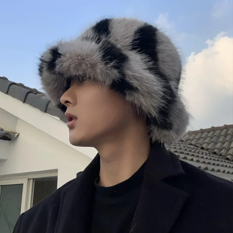 Winter Men Zebra-stripe Faux Fur Bucket Hat Fashion Fluffy Plush Fisherman Hat Bob Women Soft Warm Furry Thick Basin Hats Panama