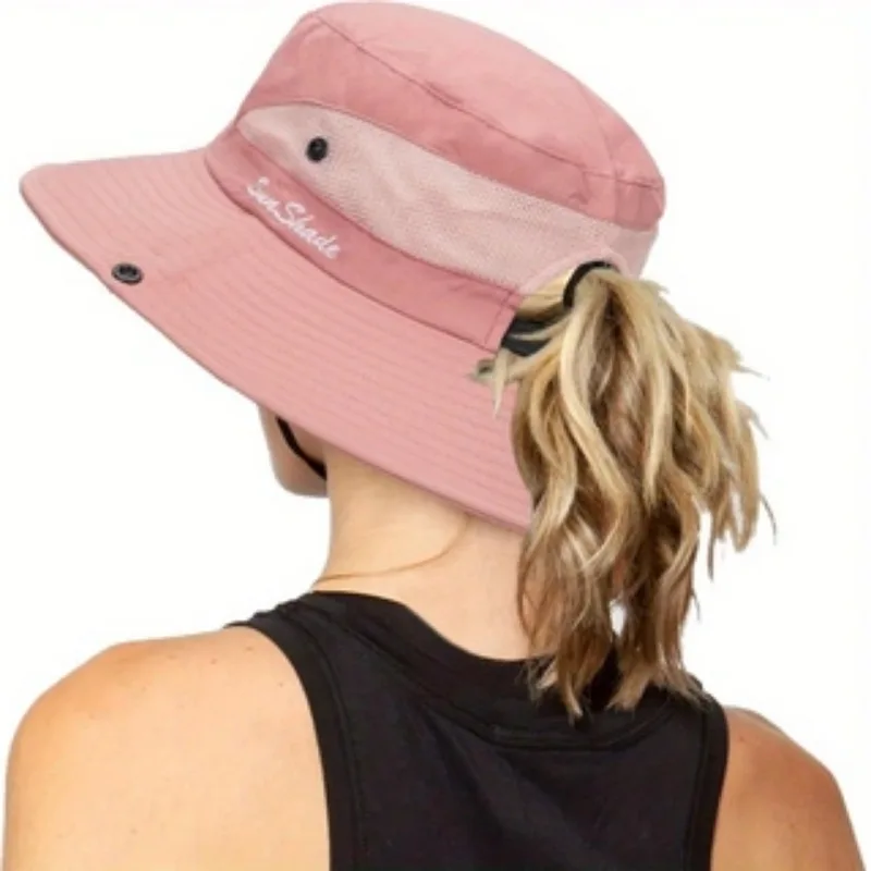 

Women Unisex Large Brim Ponytail Hole Quick Drying Bucket Hat UV Protection Outdoor Casual Wear Travel Beach Sun Hat Fishing Cap