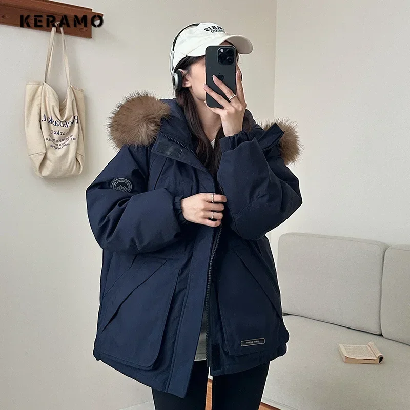 2024 Winter American Retro Style Appliques Single Breasted Parkas Warm Thick Jacket  Women Casual Outerwear Vintage Hooded Coat