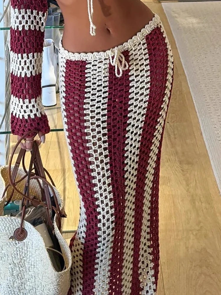 

Новый летний топ с длинными рукавами + юбка, женский костюм, вязаный сексуальный бикини, полосатый вязаный крючком тонкий пляжный комплект из двух предметов