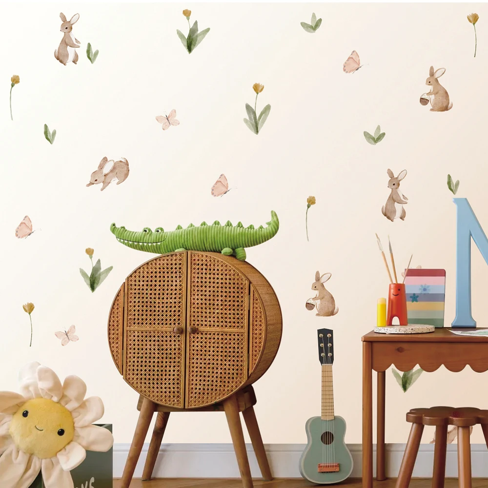 Summertime Watercolor  Cute Bunnies and Flowers Nursery Wall Decal, Peel and Stick  Reusable and Removable Kids Wall Stickers view 2