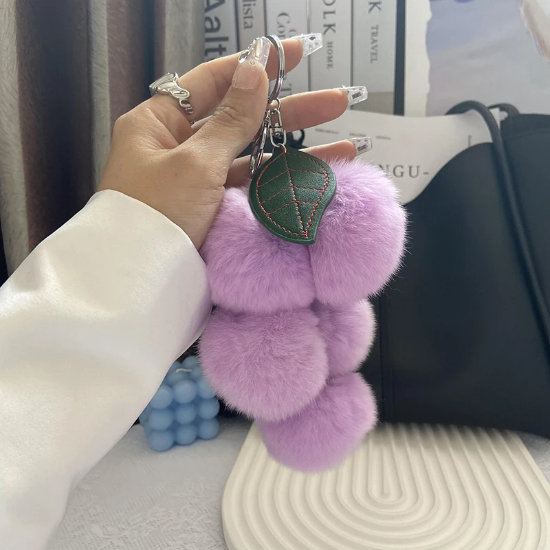 Grape Pom Poms Keychains Fluffy Lovely Pompoms Keychain Real Rex Rabbit Fur Pompoms Keyring Car Key Chain Pendant Accessories