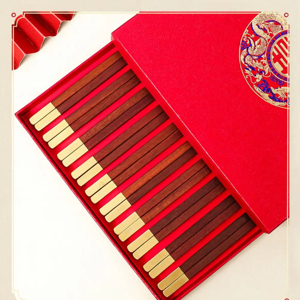 Romantic Wedding Gift Chopsticks Set Red Sandalwood Brass Tip Chinese Style Durable Tableware For Couple Dining