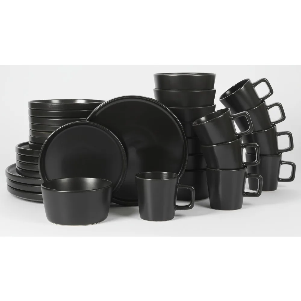 

Modern Matte Black Dinnerware Set for 8 - Stoneware Plates, Bowls & Mugs, Dishwasher Safe